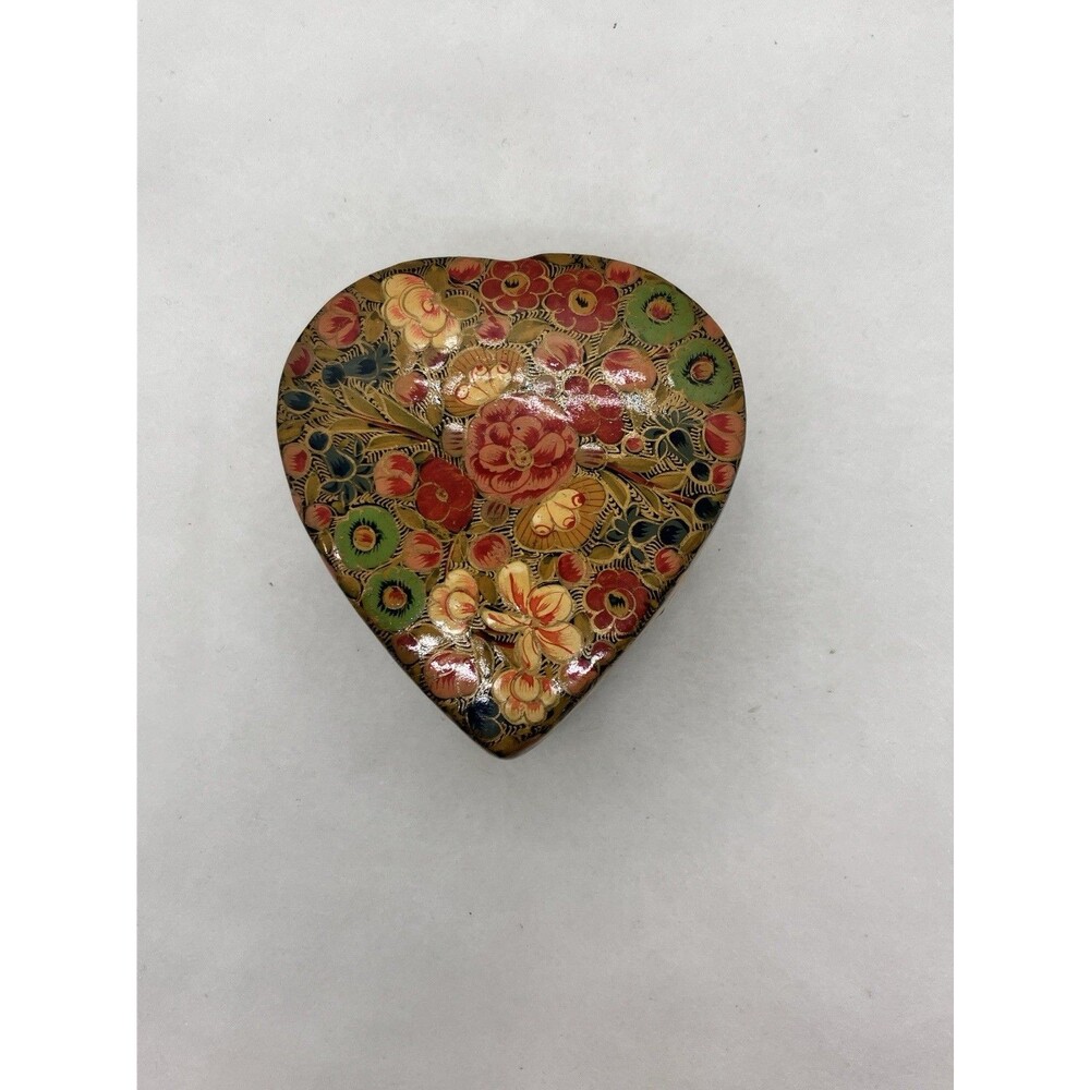 Kashmir Lacquer Hand Painted Trinket Box Gold Heart Flowers